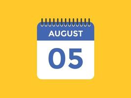 agosto 5 calendario promemoria. 5 ° agosto quotidiano calendario icona modello. calendario 5 ° agosto icona design modello. vettore illustrazione