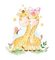 cartoon giraffe couple and butterfly vettore