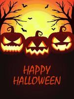 contento Halloween con pauroso zucche, pipistrelli su arancia Luna sfondo. vettore illustrazione