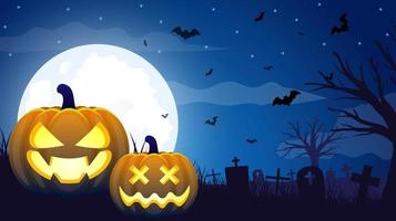 Halloween spaventoso notte sfondo vettore. Halloween illustrazione con zucche, pipistrelli, lapidi con pieno Luna. festa bandiera design vettore
