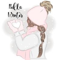 inverno ragazza Tenere un' palla di neve, moda vettore illustrazione