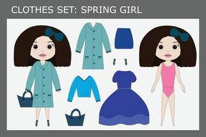 un set di vestiti per una bella bambina in primavera vettore