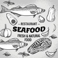 vettore impostare. frutti di mare ristorante con fresco e naturale cibo frutti di mare pesce illustrazione Vintage ▾ stile. modelli per progettazione mare negozi, ristoranti, e mercati.