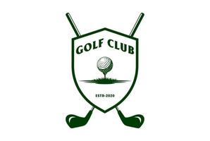 attraversato golf bastone con scudo palla e tee per corso sport club concorrenza logo design vettore