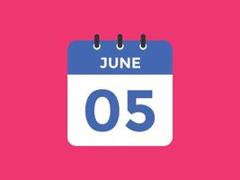 giugno 5 calendario promemoria. 5 ° giugno quotidiano calendario icona modello. calendario 5 ° giugno icona design modello. vettore illustrazione
