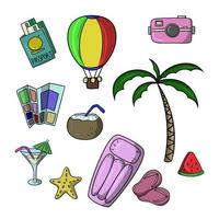 un' impostato di colorato icone, tempo libero attrezzatura, turista vacanza su il spiaggia, viaggiare, vettore illustrazione nel cartone animato stile su un' bianca sfondo
