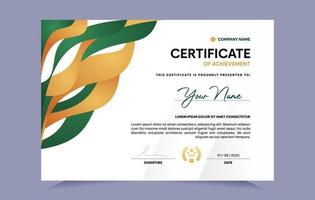 verde e oro certificato di realizzazione modello impostato con oro distintivo. per premio, attività commerciale, e formazione scolastica necessità. vettore illustrazione