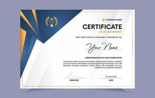 blu e oro certificato di realizzazione modello impostato con oro distintivo e confine. per premio, attività commerciale, e formazione scolastica necessità. vettore illustrazione