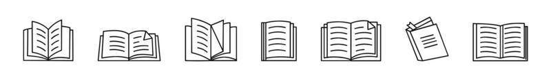 libro icone impostato nel magro linea stile vettore illustrazione. formazione scolastica simbolo collezione. libro ha aperto piatto e linea stile logo