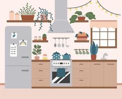 accogliente cucina interno con arredamento, cucinando dispositivi e impianti nel pentole. di moda pastello colori. mano disegnato cartone animato design bandiera concetto. retrò cucina. vettore