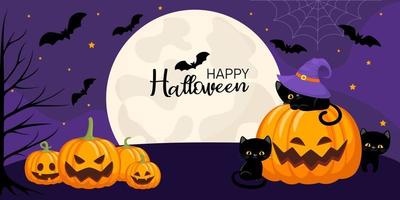 contento Halloween. vettore illustrazione design modello per bandiera o manifesto. Halloween concetto con pipistrelli, zucche, Luna e nero gatti.