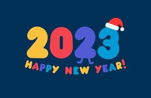 2023 numeri nel cartone animato stile con colore palloncini e Santa cappello. contento nuovo anno evento manifesto, saluto carta coperchio, 2023 calendario disegno, invito per celebrare nuovo anno. vettore illustrazione.