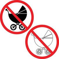 no carrozzina cartello su bianca sfondo. bambino carrozza non permesso cartello. no passeggini o passeggino simbolo. piatto stile. vettore