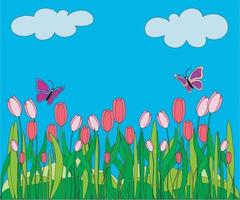un' bellissimo caldo e luminosa primavera estate paesaggio di un' fioritura campo con tulipani e farfalle vettore