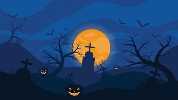 Halloween sfondo con cimitero lapidi spaventoso spoglio alberi pieno Luna su notte cielo vettore