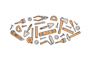 strumenti di costruzione, doodle insieme vettoriale di elementi di riparazione, icone dei cartoni animati