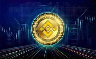 criptovalute binance con crescita grafico. internazionale azione scambio. bloccare catena elettronico crypto moneta in linea tecnologia. moneta oro su futuristico città neon buio sfondo. 3d vettore. vettore