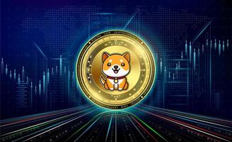 criptovalute bambino doge con crescita grafico. internazionale azione scambio. bloccare catena elettronico crypto moneta in linea tecnologia. moneta oro su futuristico città neon buio sfondo. 3d vettore. vettore