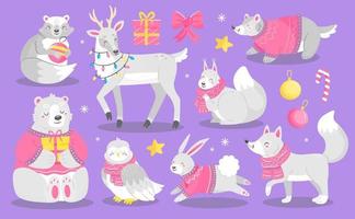 foresta Natale bianca animali nel maglioni e sciarpe nel un' carino cartone animato stile. vettore isolato animale illustrazione.