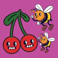 cartone animato retrò api e frutta vettore
