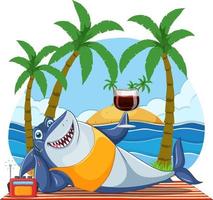 squalo cartone animato personaggio rilassante su il spiaggia vettore