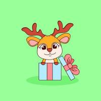 carino poco cervo cartone animato con regalo. piatto cartone animato stile vettore