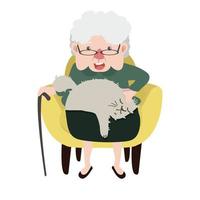 contento nonna seduta giallo moderno sedia con gatto vettore