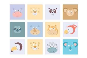 carino animale facce impostare. animale piazza viso ui. giraffa, zebra, pappagallo, ippopotamo, scimmia, pigrizia, rinoceronte, panda, tigre, panda, tucano. teste selvaggio animale. carino semplice icona impostare. promemoria. divertente cartone animato museruole vettore