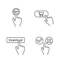 App pulsanti lineare icone impostare. clic. girare spento, acquistare, Scarica, accettare e declino. magro linea contorno simboli. isolato vettore schema illustrazioni. modificabile ictus
