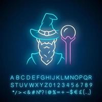 procedura guidata neon leggero icona. stregone, mago nel cappello. vecchio saggio uomo, fantasia druido. fiaba stregone con barba. Halloween costume. raggiante cartello con alfabeto, numeri. vettore isolato illustrazione