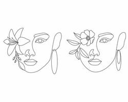 femmina testa con fiori linea arte disegno vettore impostato