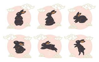 carino nero conigli con Cinese nuovo anno simboli. anno di il coniglio. vettore