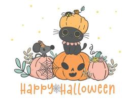 carino Halloween nero gattino gatto zucca costume cappello si siede su arancia zucche, animale cartone animato scarabocchio mano disegno, contento buongiorno vettore