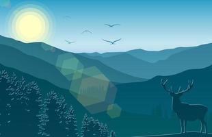 vettore illustrazione di montagna paesaggio con cervo e foresta a mattina