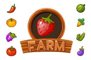 di legno logo azienda agricola con fragole per gioco gui. vettore illustrazione di bandiera con frutta e verdure per il gioco.