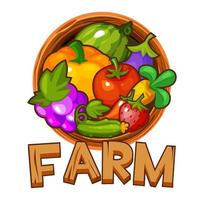 di legno logo azienda agricola con frutti di bosco e verdure per ui. vettore illustrazione progettista bandiera con lettering per il gioco.