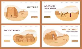 viaggio per Arabia arabia impostato di sito web modelli con deserto paesaggi, al ula tombe, cammelli e beduino. vettore illustrazione.