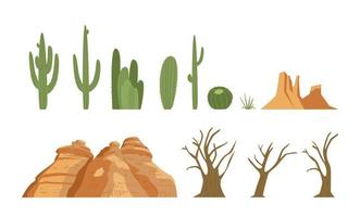 vettore collezione di deserto paesaggio elementi cactus, secco alberi, sabbia rocce. isolato su bianca.