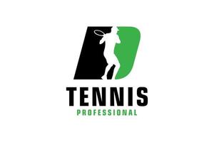 lettera d con disegno del logo della siluetta del tennista. elementi del modello di progettazione vettoriale per la squadra sportiva o l'identità aziendale.
