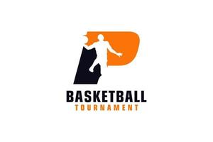 lettera p con logo di basket. elementi del modello di progettazione vettoriale per la squadra sportiva o l'identità aziendale.