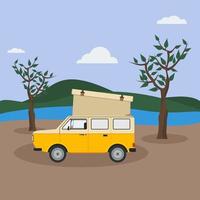 modificabile camper furgone su vacanza vettore a fiume banca e montagna sfondo illustrazione per ricreazione e turismo viaggio design scopi