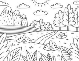 carino bambini colorazione pagina. paesaggio con nuvole, montagne, campo, strada e cespugli. vettore disegnato a mano illustrazione nel scarabocchio stile. cartone animato colorazione libro per bambini.