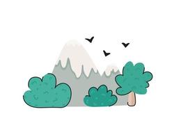 stilizzato mano disegnato snow-capped montagne. cartone animato montagna paesaggio con alberi isolato su bianca sfondo. piatto vettore illustrazione.