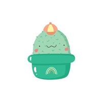 carino cartone animato cactus con kawaii viso. mano disegnato casa pianta, cactus personaggio per bambini design. piatto vettore illustrazione.