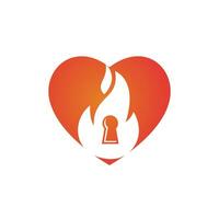 fuoco lucchetto chiave logo design modello. fuoco fiamma chiave con cuore logo icona. vettore