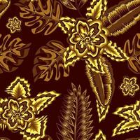 oro senza soluzione di continuità modello decorativo sfondo vettore design con oro colore splendente tropicale Banana felce le foglie e Monstera pianta fogliame su notte sfondo. floreale sfondo. esotico tropico. primavera