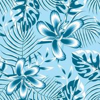 blu monocromatico esotico giungla impianti illustrazione senza soluzione di continuità modello con astratto ibisco fiori e Monstera palma le foglie su cielo blu sfondo. floreale sfondo. estate design. stampe struttura vettore