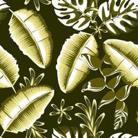 verde leggero colore Banana impianti le foglie illustrazione senza soluzione di continuità modello con tropicale Monstera foglia e heliconia fiore su notte sfondo. vettore design. alla moda Stampa tessitura. esotico tropico. arte