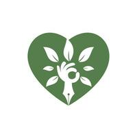 formazione scolastica assicurazione e supporto logo concetto. penna e mano albero con cuore forma icona logo. vettore