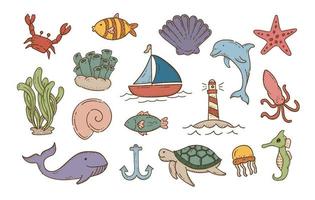 carino mare animali imposta, scarabocchio schizzo, oceano vita, vettore mano disegnato illustrazione.